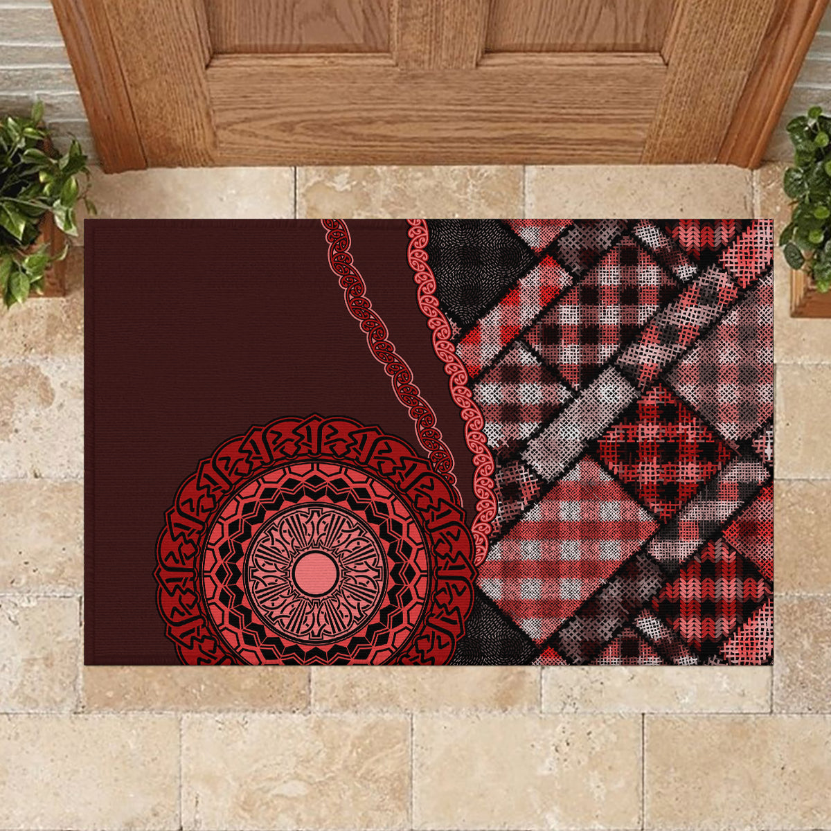 New Zealand Aotearoa Rubber Doormat Maori Harakeke Weaving Pattern Red LT05 - Polynesian Pride