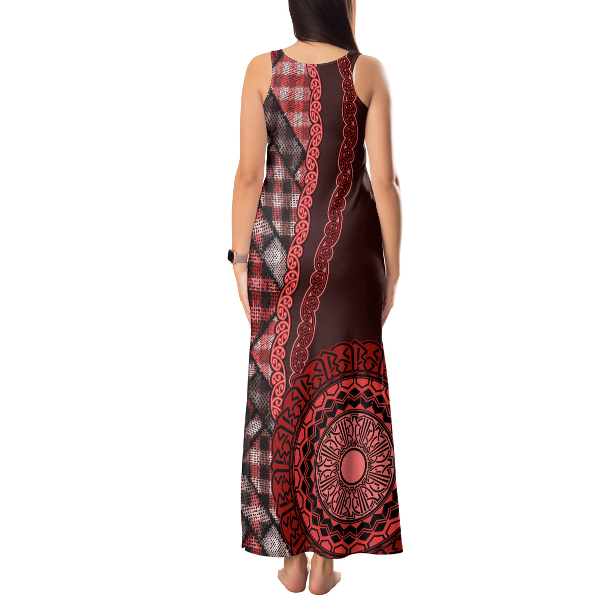 New Zealand Aotearoa Tank Maxi Dress Maori Harakeke Weaving Pattern Red LT05 - Polynesian Pride