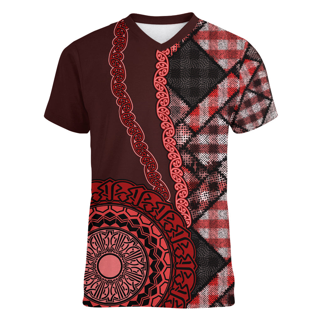 New Zealand Aotearoa Women V Neck T Shirt Maori Harakeke Weaving Pattern Red LT05 Female Red - Polynesian Pride