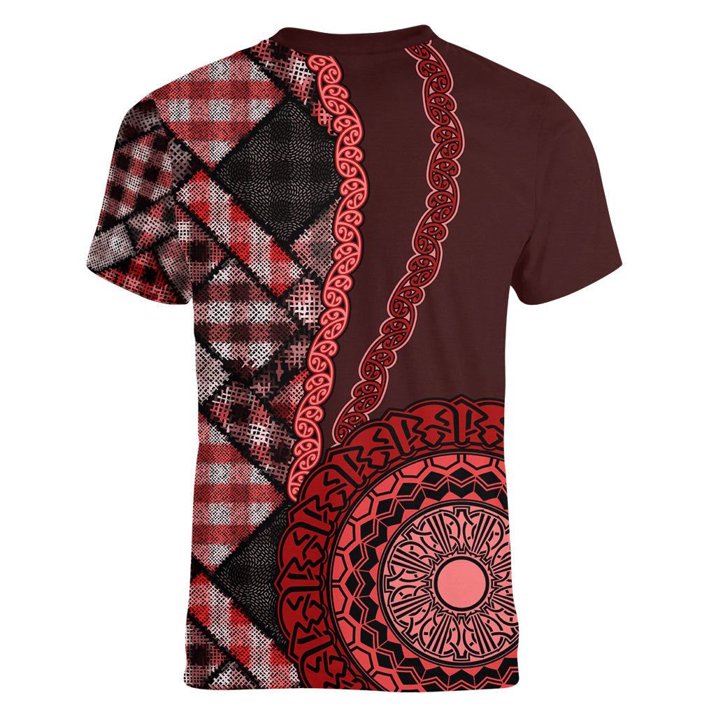 New Zealand Aotearoa Women V Neck T Shirt Maori Harakeke Weaving Pattern Red LT05 - Polynesian Pride
