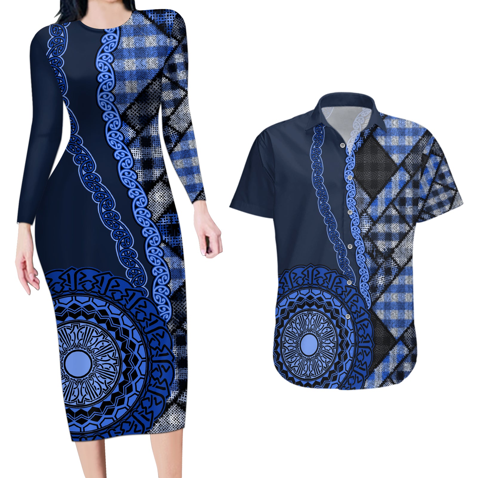 New Zealand Aotearoa Couples Matching Long Sleeve Bodycon Dress and Hawaiian Shirt Maori Harakeke Weaving Pattern Blue LT05 Blue - Polynesian Pride