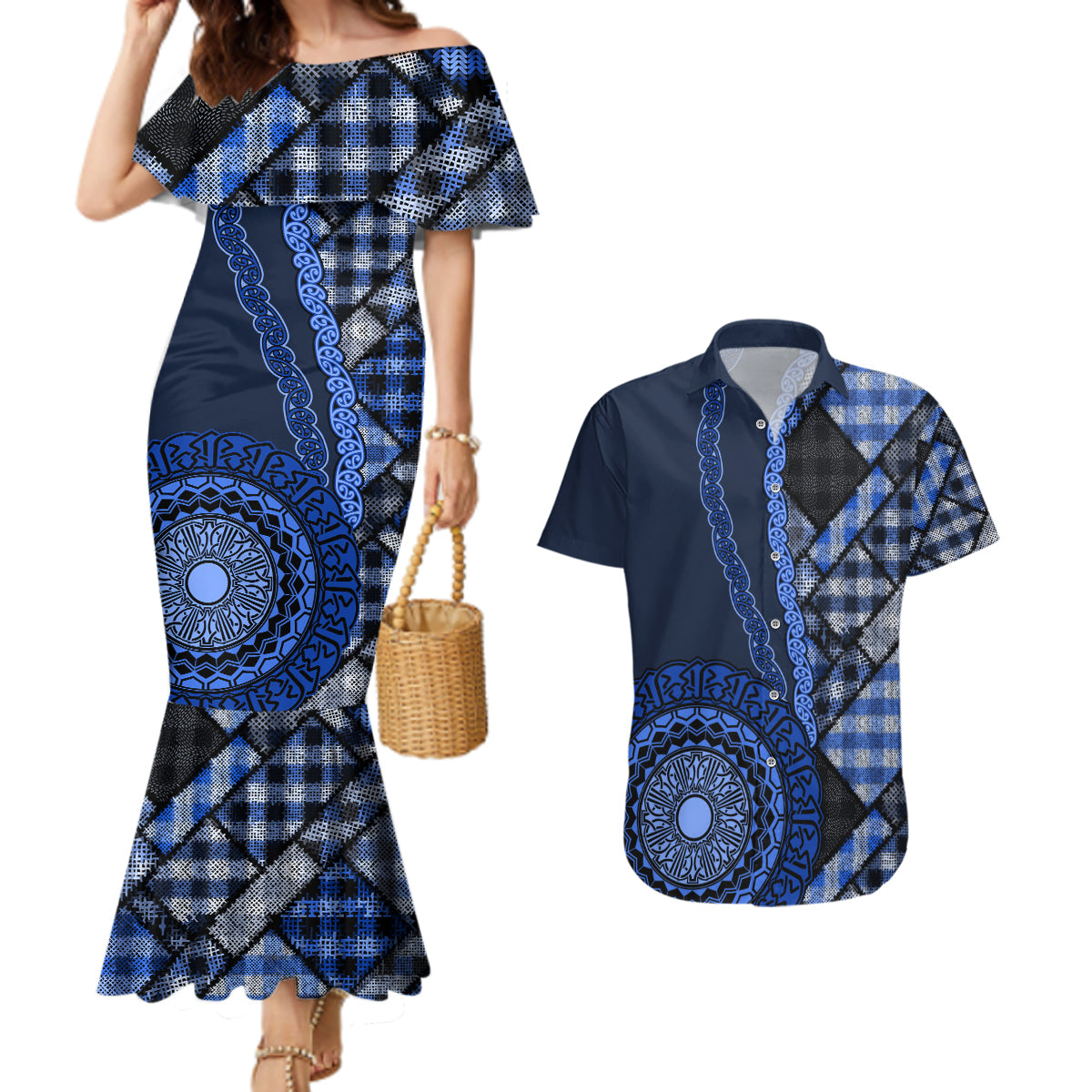 New Zealand Aotearoa Couples Matching Mermaid Dress and Hawaiian Shirt Maori Harakeke Weaving Pattern Blue LT05 Blue - Polynesian Pride