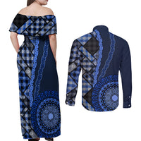 New Zealand Aotearoa Couples Matching Off Shoulder Maxi Dress and Long Sleeve Button Shirt Maori Harakeke Weaving Pattern Blue LT05 - Polynesian Pride