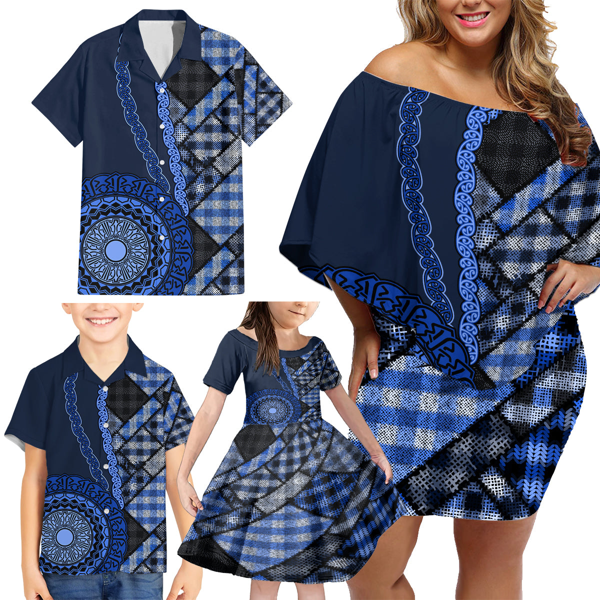 New Zealand Aotearoa Family Matching Off Shoulder Short Dress and Hawaiian Shirt Maori Harakeke Weaving Pattern Blue LT05 - Polynesian Pride