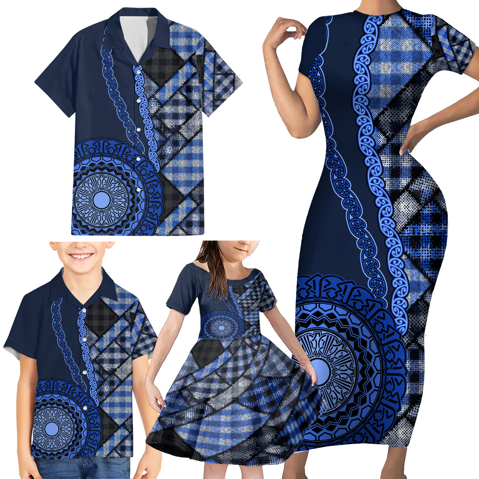 New Zealand Aotearoa Family Matching Short Sleeve Bodycon Dress and Hawaiian Shirt Maori Harakeke Weaving Pattern Blue LT05 - Polynesian Pride