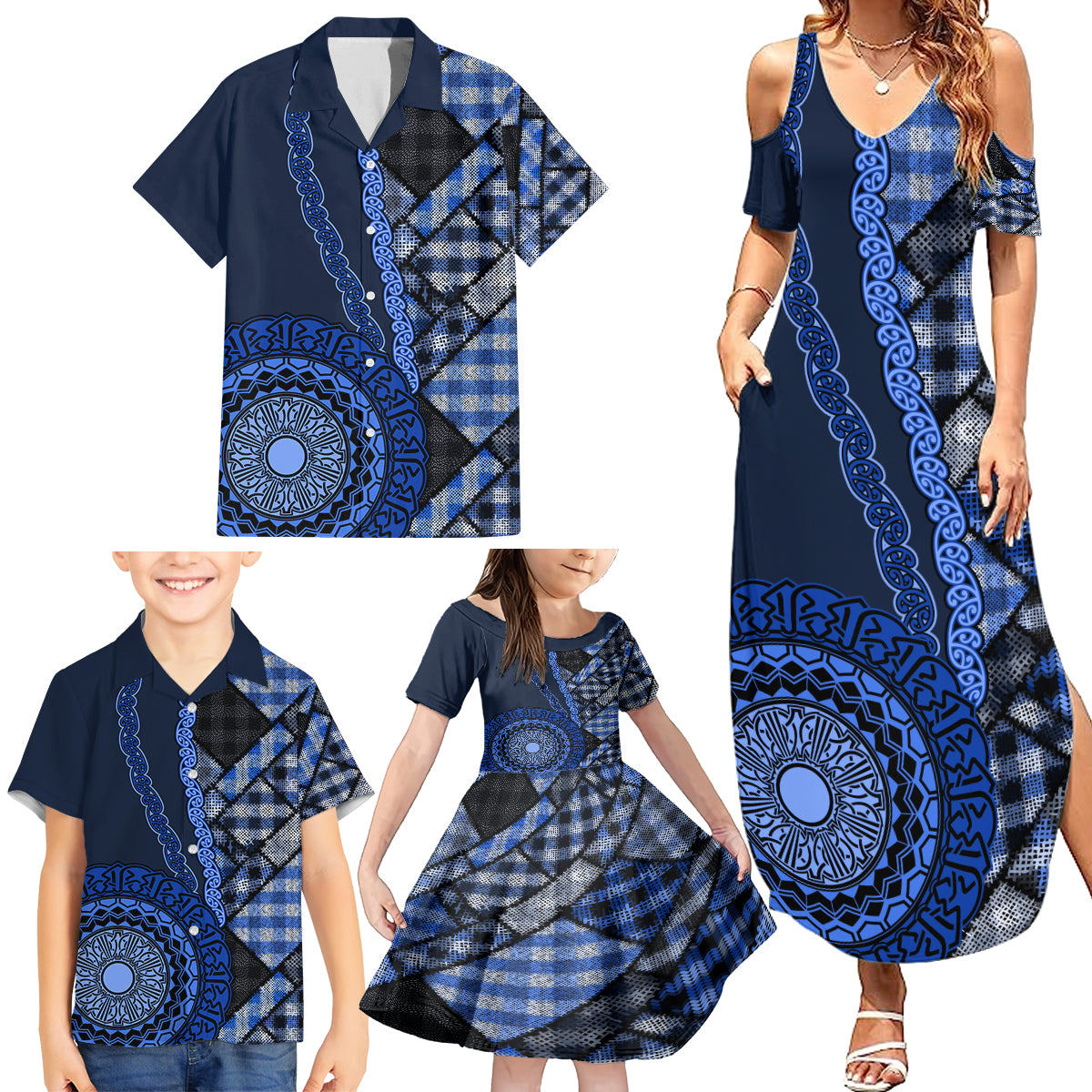 New Zealand Aotearoa Family Matching Summer Maxi Dress and Hawaiian Shirt Maori Harakeke Weaving Pattern Blue LT05 - Polynesian Pride