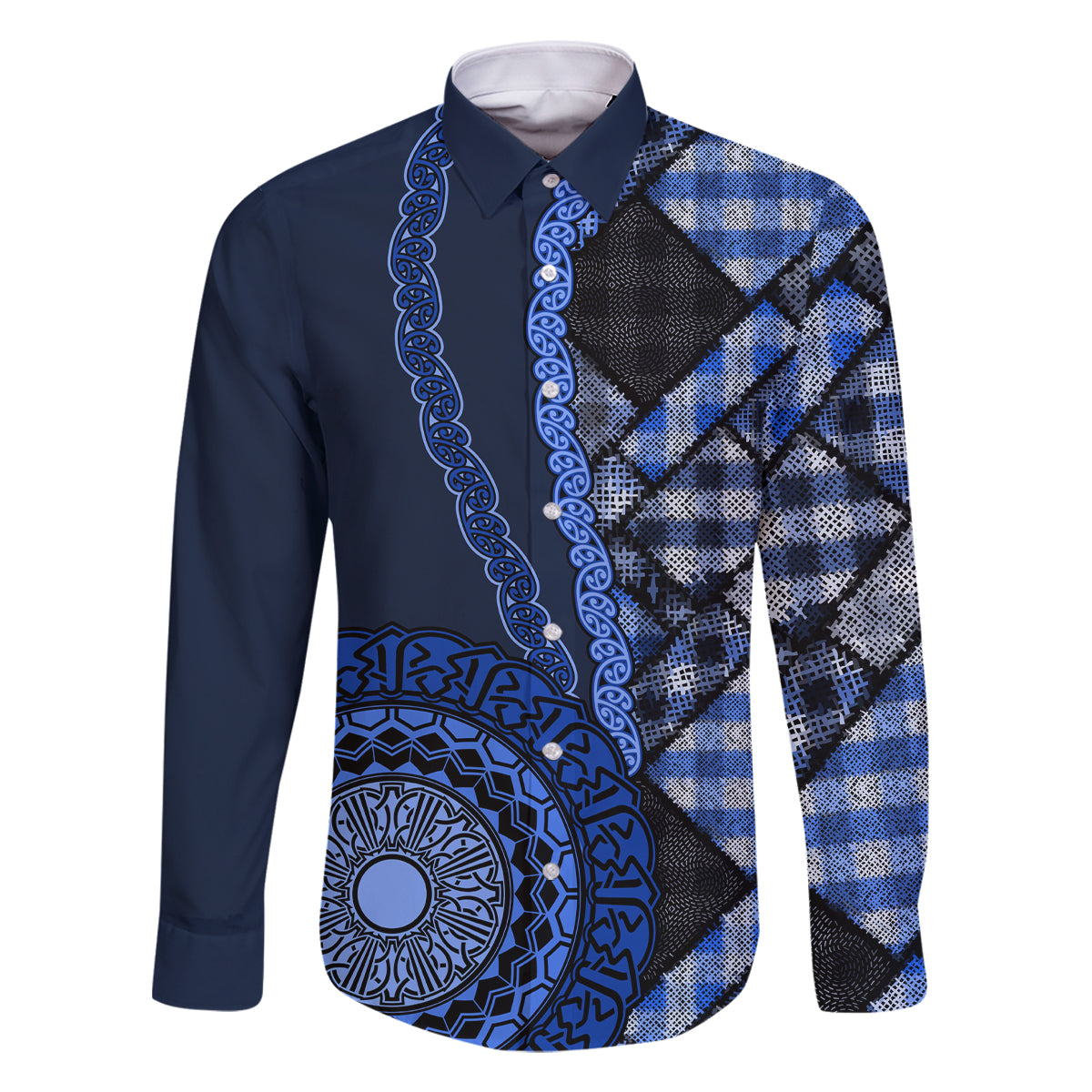 New Zealand Aotearoa Family Matching Tank Maxi Dress and Hawaiian Shirt Maori Harakeke Weaving Pattern Blue LT05 Dad's Shirt - Long Sleeve Blue - Polynesian Pride