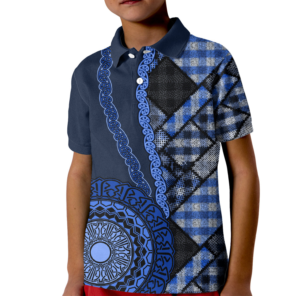 New Zealand Aotearoa Kid Polo Shirt Maori Harakeke Weaving Pattern Blue LT05 Kid Blue - Polynesian Pride