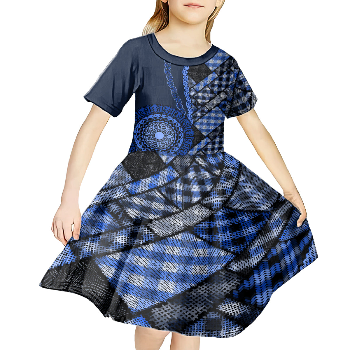 New Zealand Aotearoa Kid Short Sleeve Dress Maori Harakeke Weaving Pattern Blue LT05 - Polynesian Pride