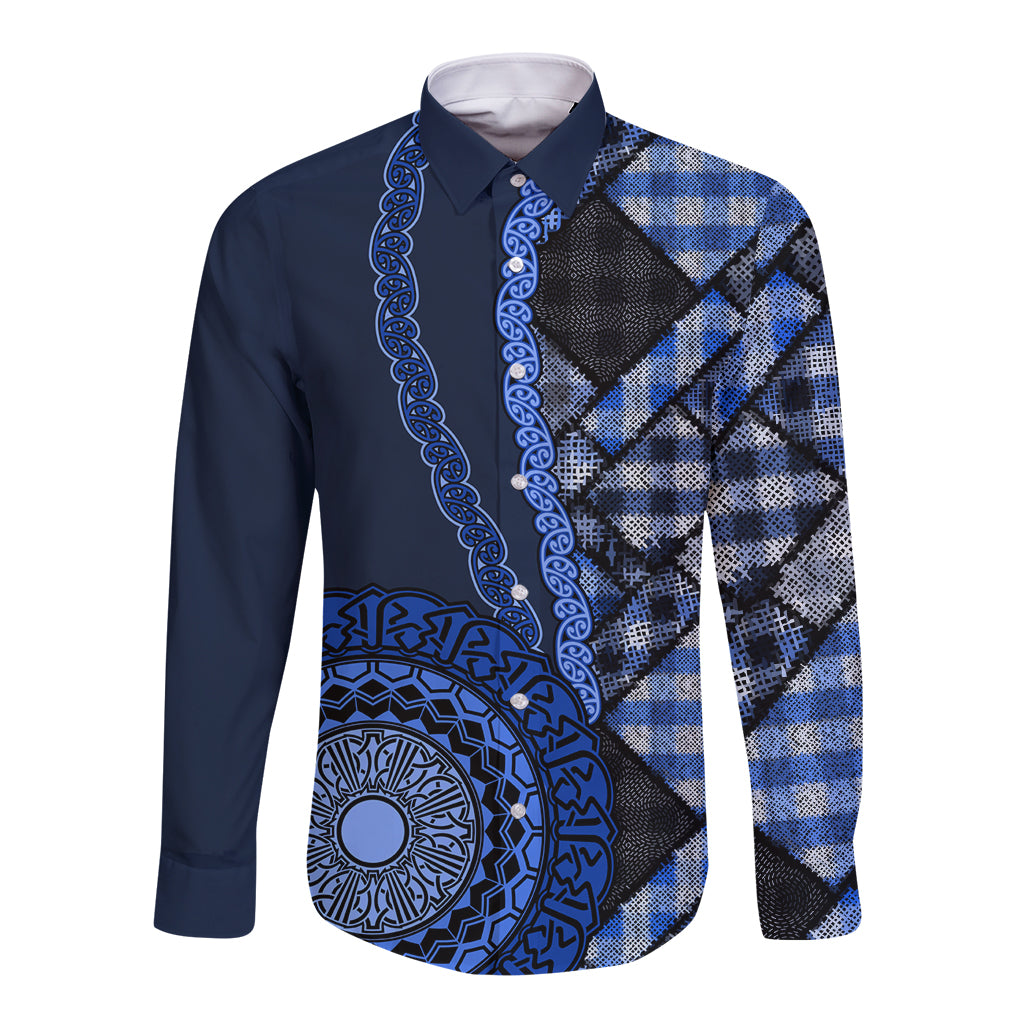 New Zealand Aotearoa Long Sleeve Button Shirt Maori Harakeke Weaving Pattern Blue LT05 Unisex Blue - Polynesian Pride
