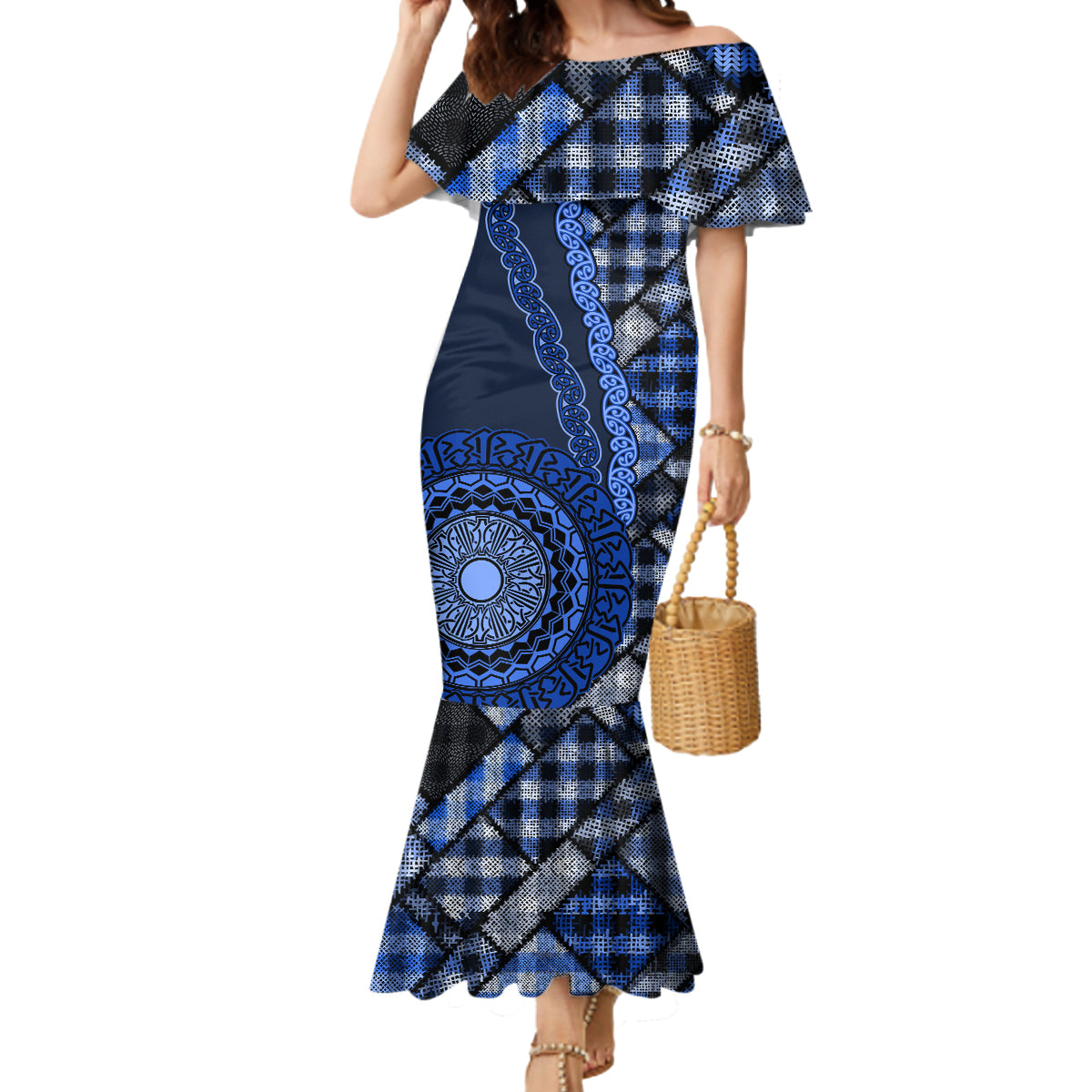 New Zealand Aotearoa Mermaid Dress Maori Harakeke Weaving Pattern Blue LT05 Women Blue - Polynesian Pride