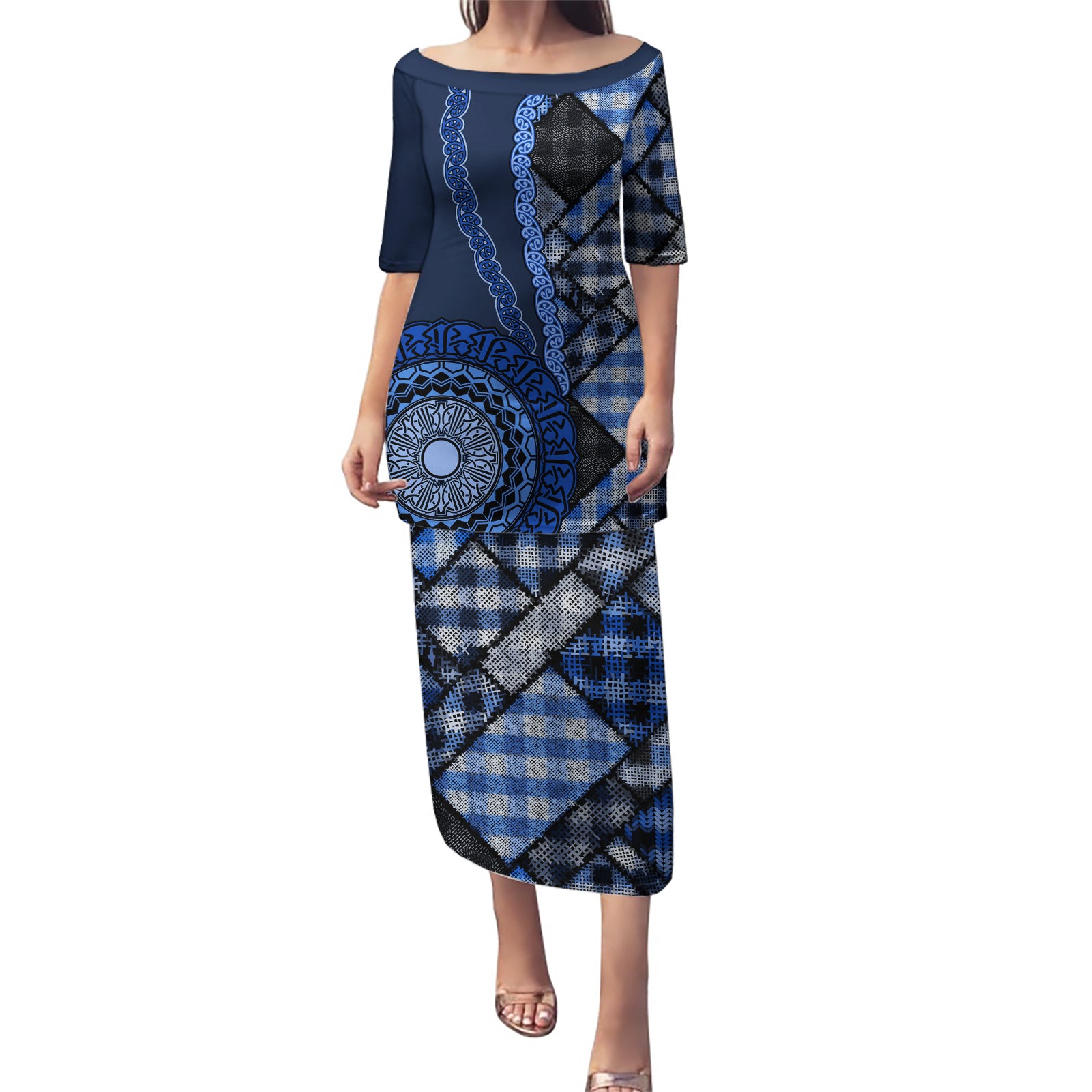 New Zealand Aotearoa Puletasi Maori Harakeke Weaving Pattern Blue LT05 Long Dress Blue - Polynesian Pride