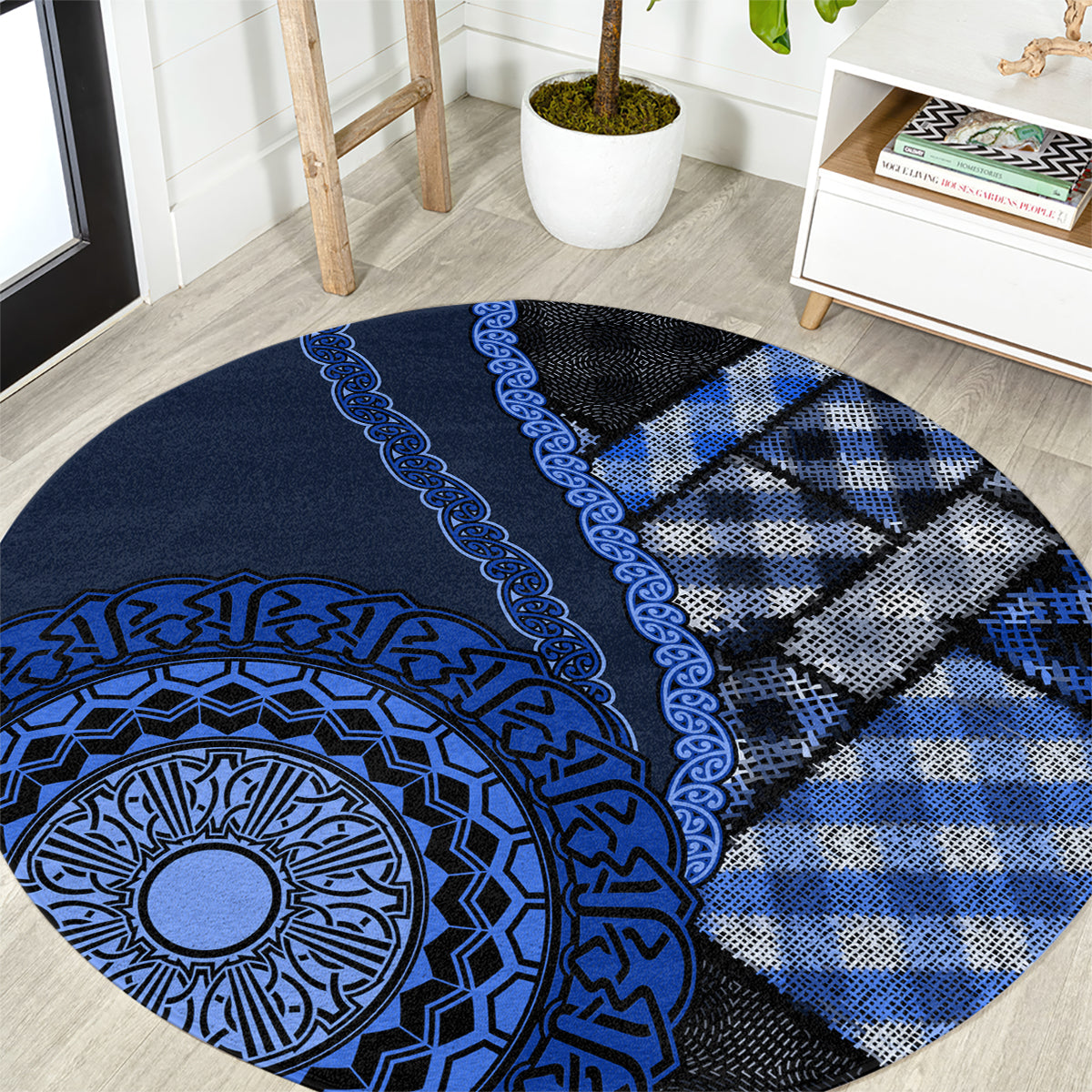 New Zealand Aotearoa Round Carpet Maori Harakeke Weaving Pattern Blue LT05 Blue - Polynesian Pride