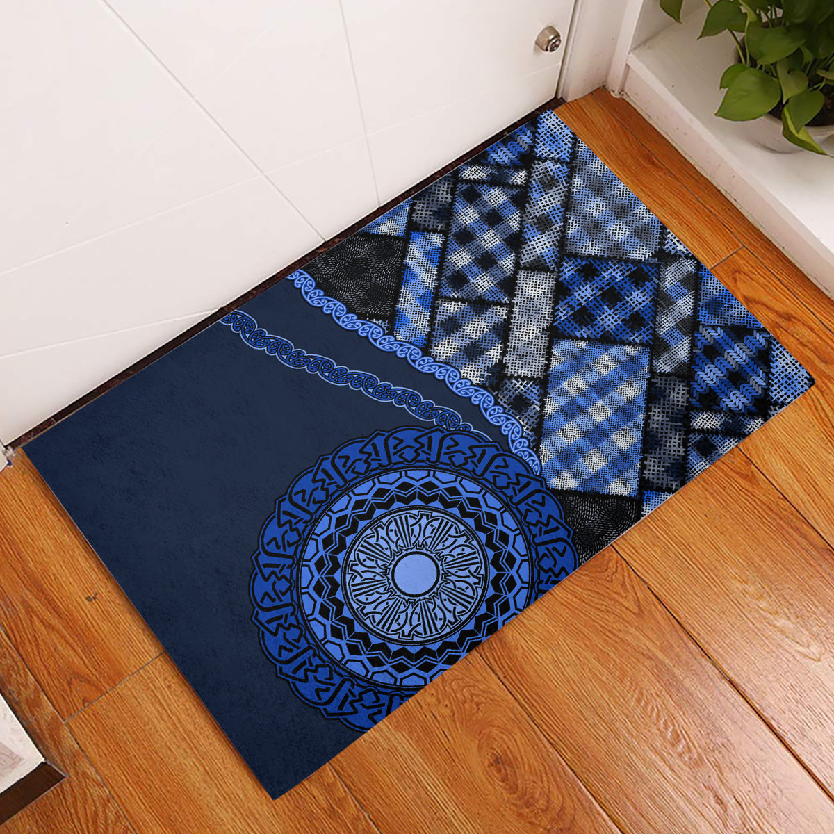 New Zealand Aotearoa Rubber Doormat Maori Harakeke Weaving Pattern Blue LT05 Blue - Polynesian Pride