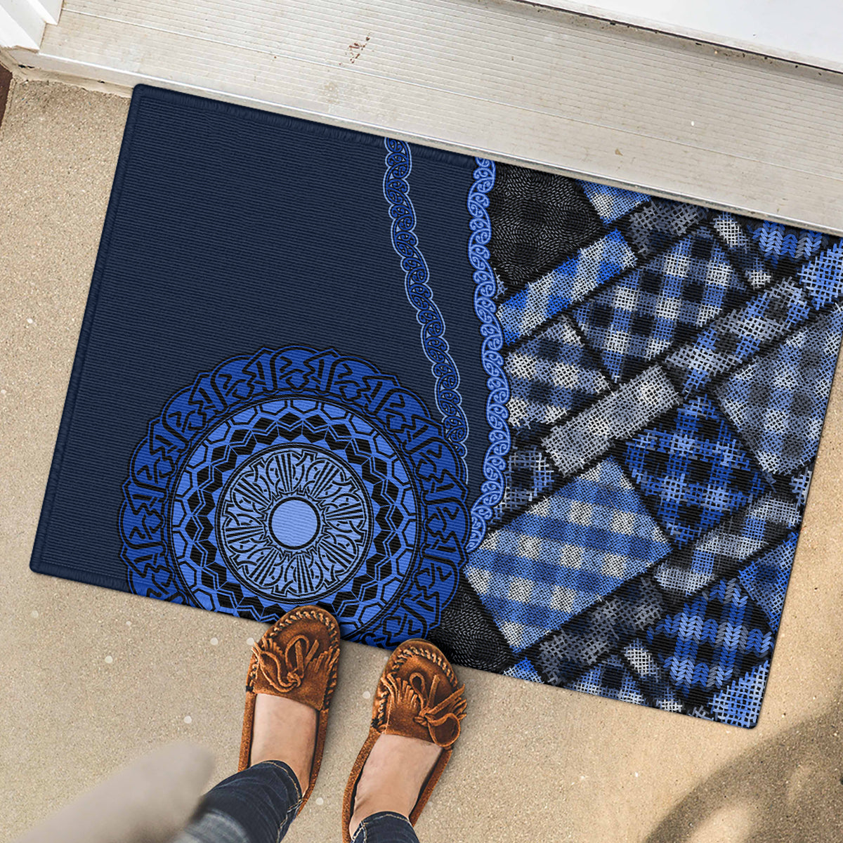 New Zealand Aotearoa Rubber Doormat Maori Harakeke Weaving Pattern Blue LT05 - Polynesian Pride