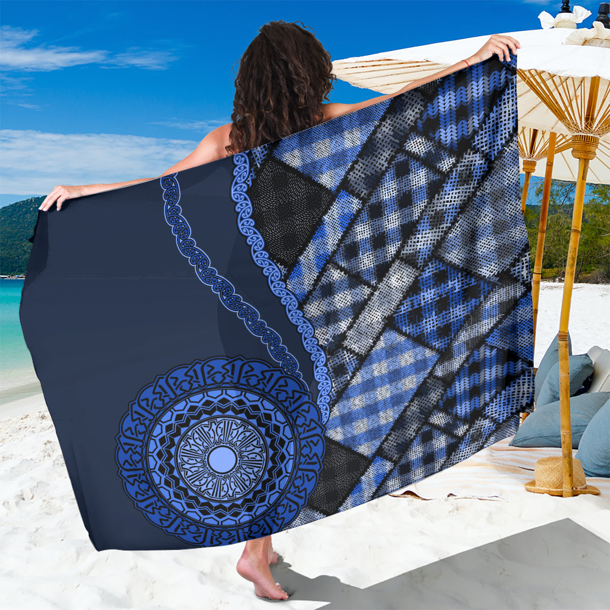 New Zealand Aotearoa Sarong Maori Harakeke Weaving Pattern Blue LT05 One Size 44 x 66 inches Blue - Polynesian Pride