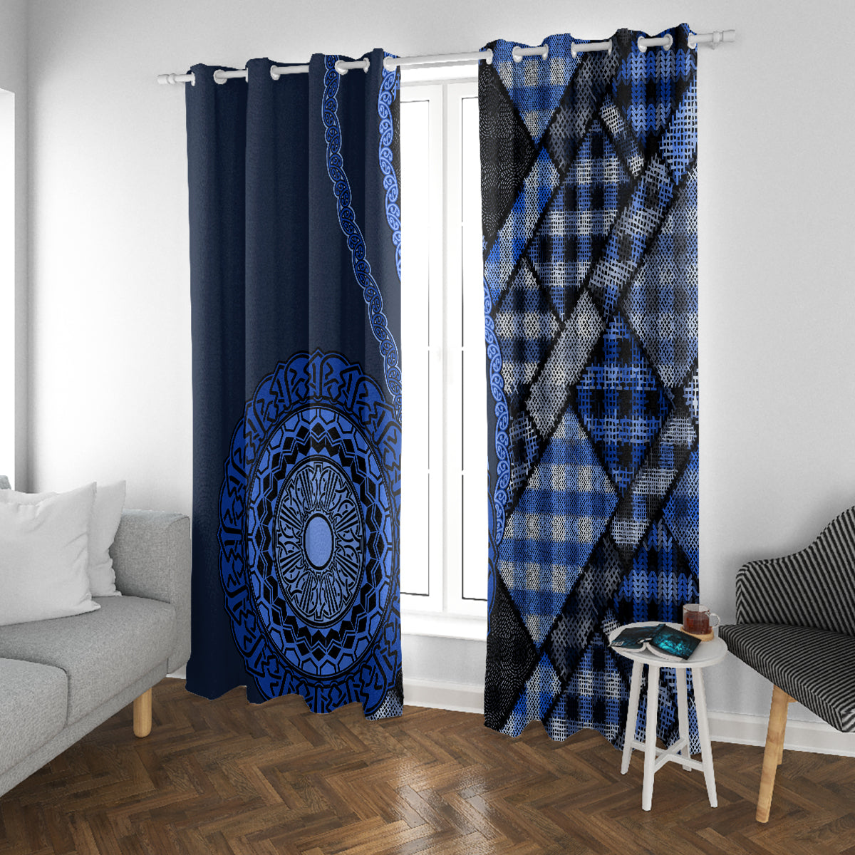 New Zealand Aotearoa Window Curtain Maori Harakeke Weaving Pattern Blue LT05 With Grommets Blue - Polynesian Pride