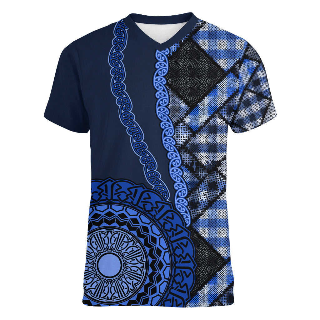 New Zealand Aotearoa Women V Neck T Shirt Maori Harakeke Weaving Pattern Blue LT05 Female Blue - Polynesian Pride