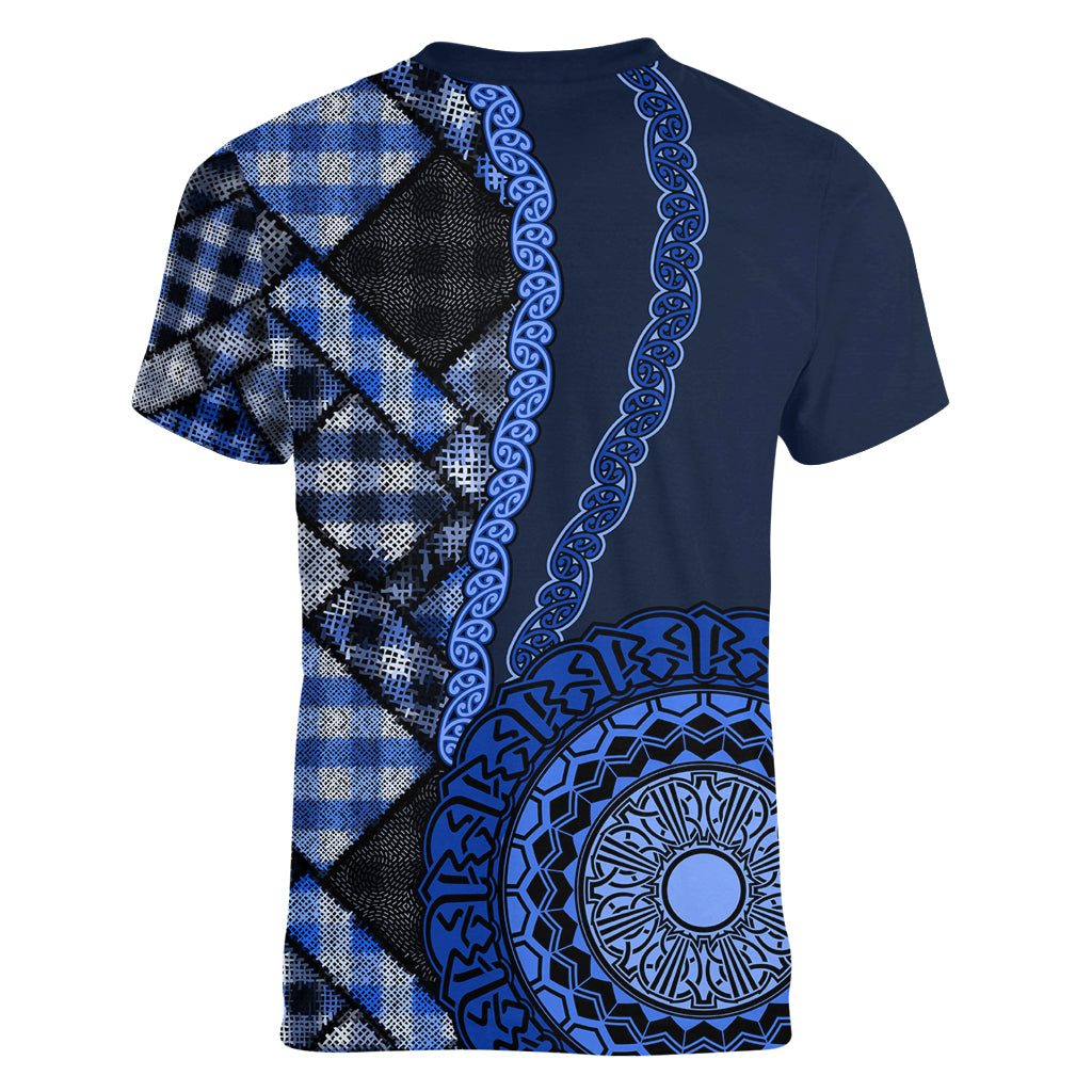 New Zealand Aotearoa Women V Neck T Shirt Maori Harakeke Weaving Pattern Blue LT05 - Polynesian Pride