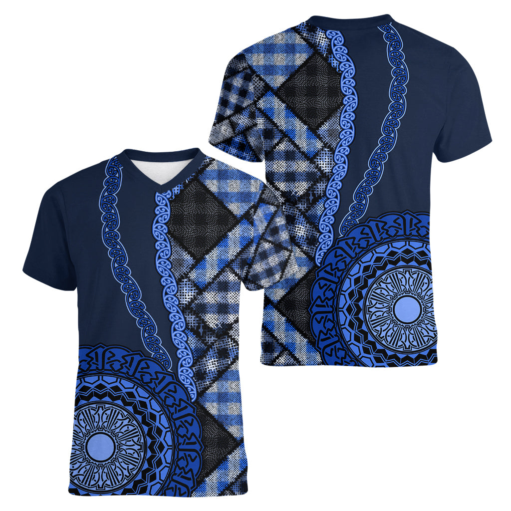 New Zealand Aotearoa Women V Neck T Shirt Maori Harakeke Weaving Pattern Blue LT05 - Polynesian Pride