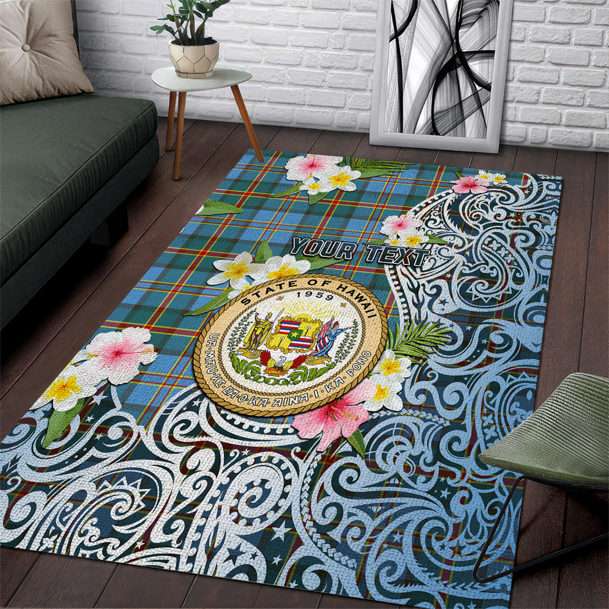 Hawaii State Area Rug Tropical Flowers With Tartan Pattern LT05 Blue - Polynesian Pride