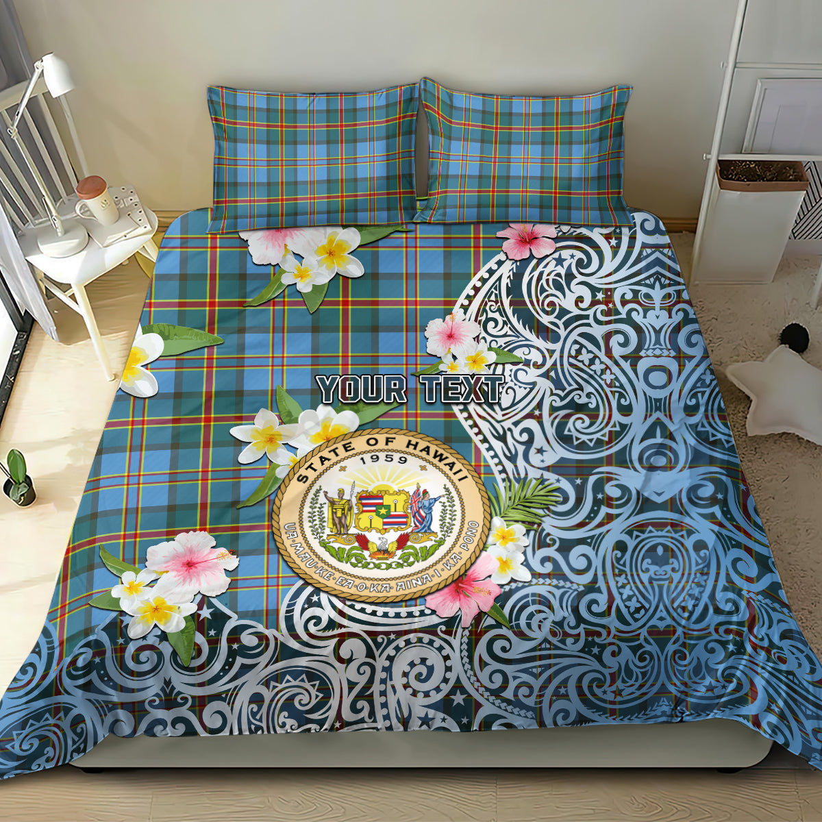 Hawaii State Bedding Set Tropical Flowers With Tartan Pattern LT05 - Polynesian Pride
