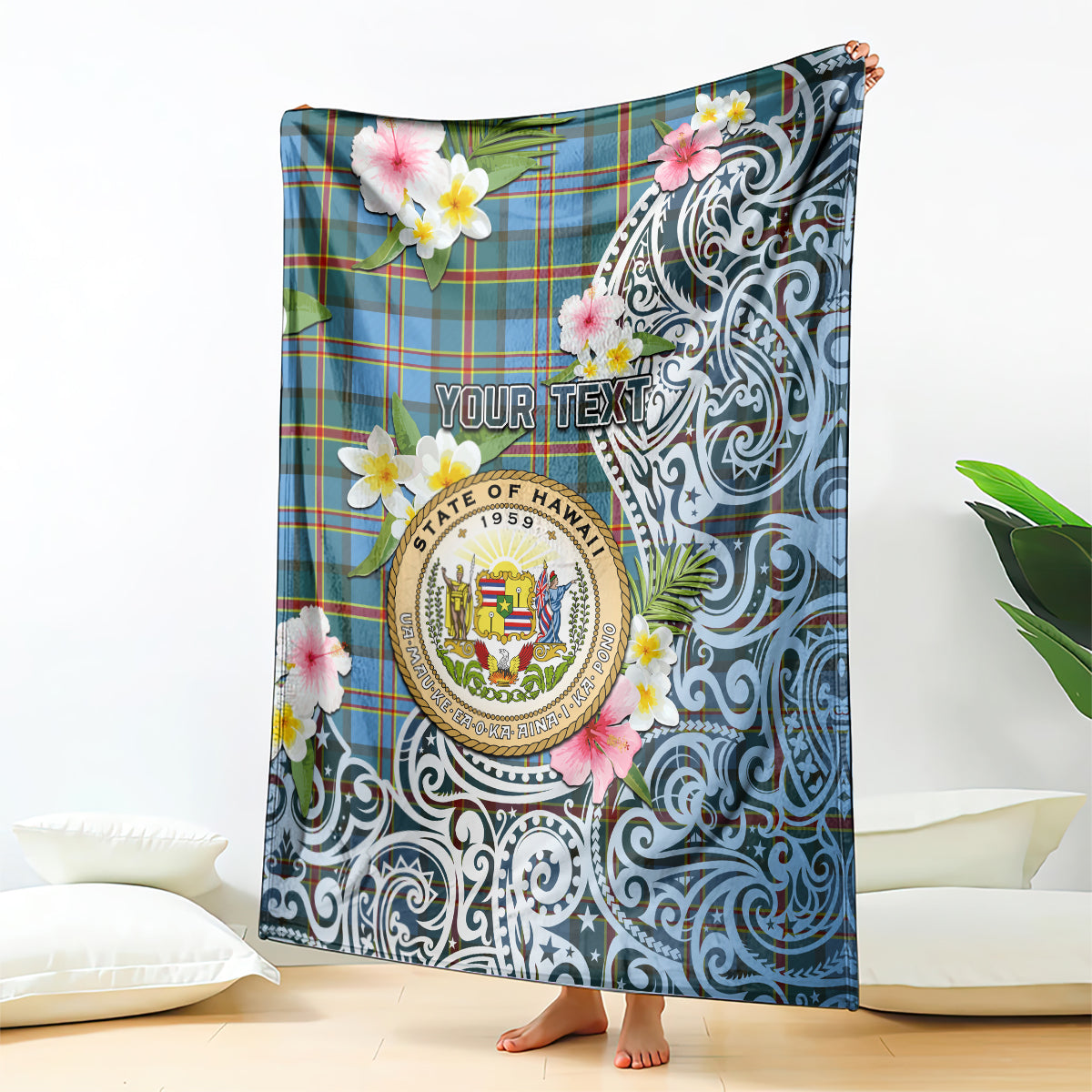 Hawaii State Blanket Tropical Flowers With Tartan Pattern LT05 Blue - Polynesian Pride