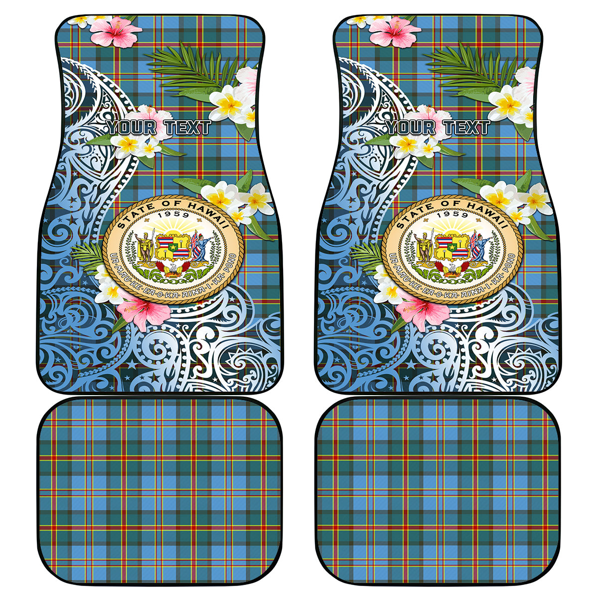 Personalised Hawaii State Car Mats Tropical Flowers With Tartan Pattern LT05 Blue - Polynesian Pride