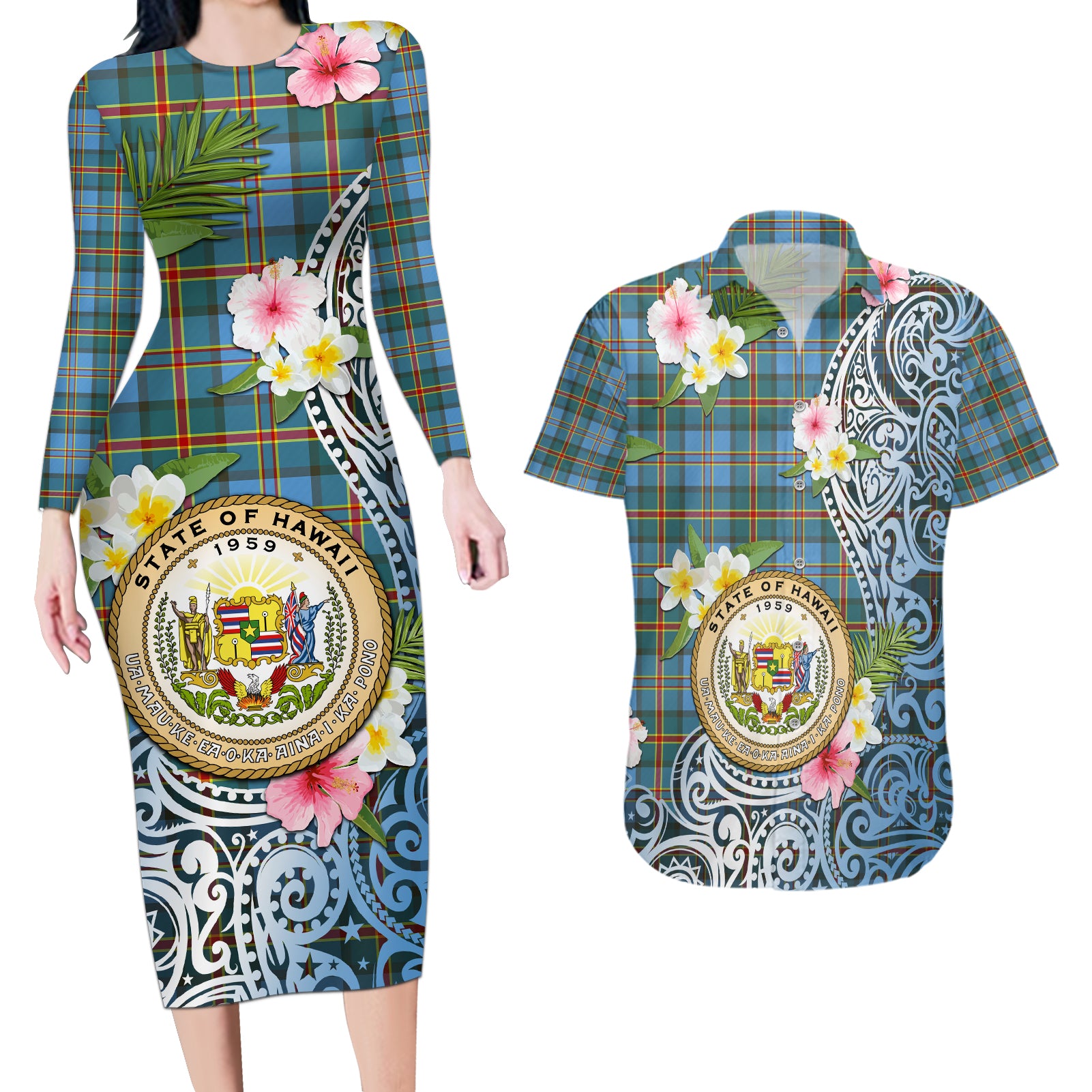 Personalised Hawaii State Couples Matching Long Sleeve Bodycon Dress and Hawaiian Shirt Tropical Flowers With Tartan Pattern LT05 Blue - Polynesian Pride