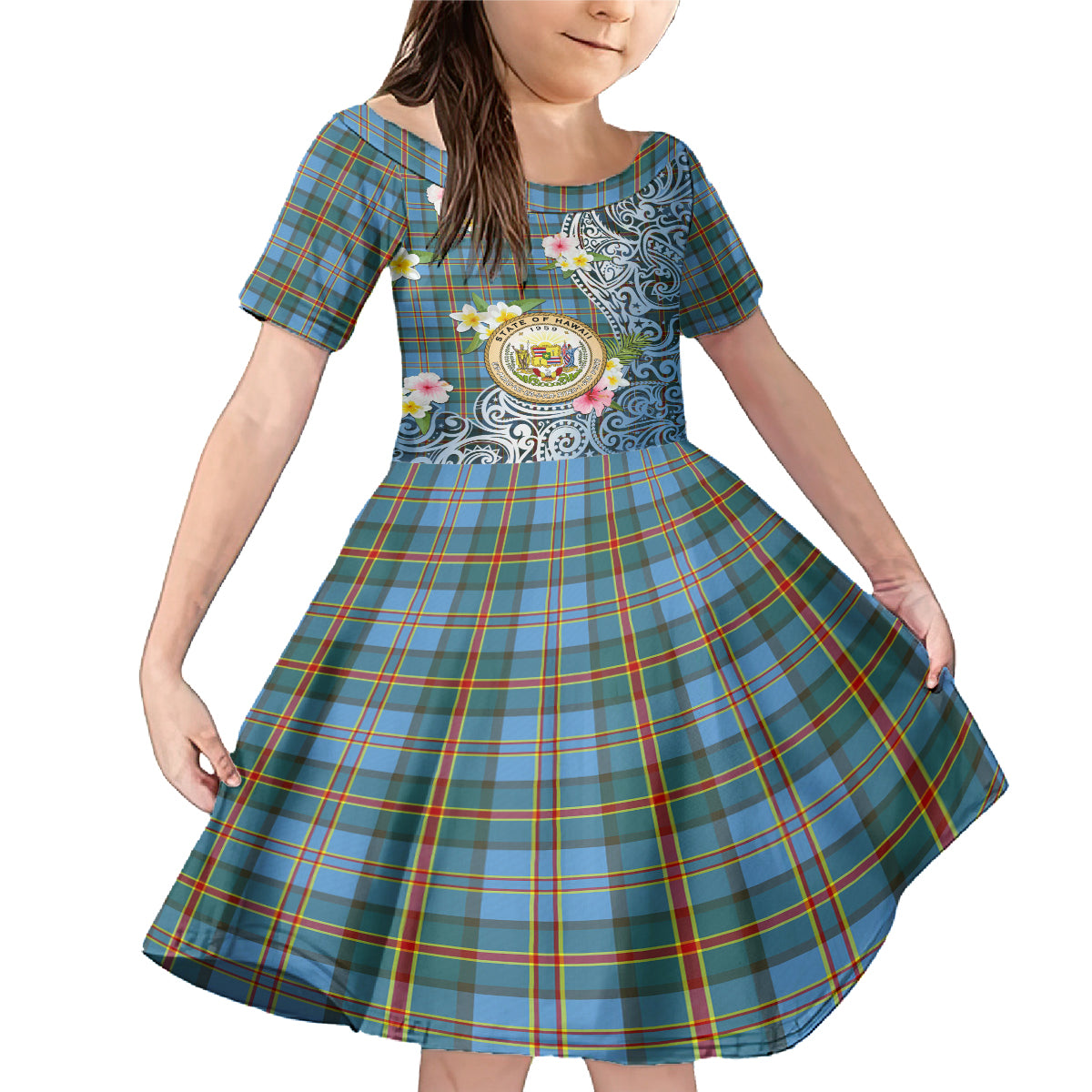 Personalised Hawaii State Family Matching Mermaid Dress and Hawaiian Shirt Tropical Flowers With Tartan Pattern LT05 Daughter's Dress Blue - Polynesian Pride