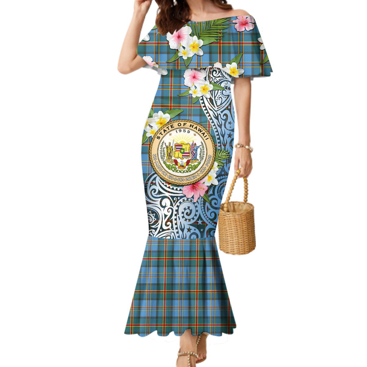 Personalised Hawaii State Family Matching Mermaid Dress and Hawaiian Shirt Tropical Flowers With Tartan Pattern LT05 Mom's Dress Blue - Polynesian Pride