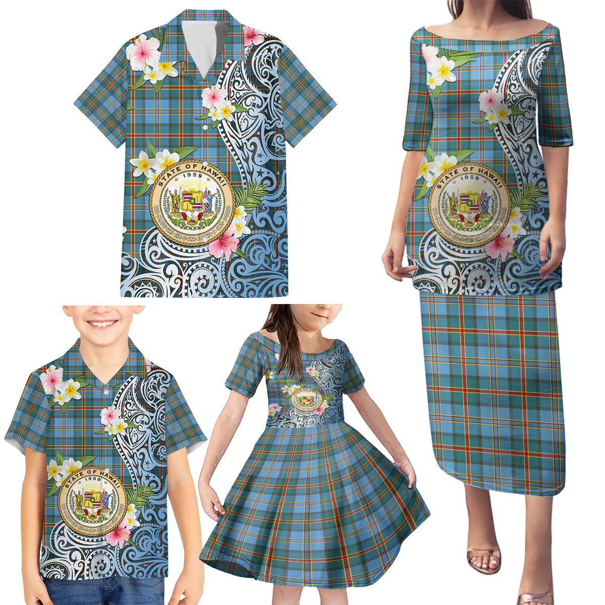 Personalised Hawaii State Family Matching Puletasi Dress and Hawaiian Shirt Tropical Flowers With Tartan Pattern LT05 - Polynesian Pride