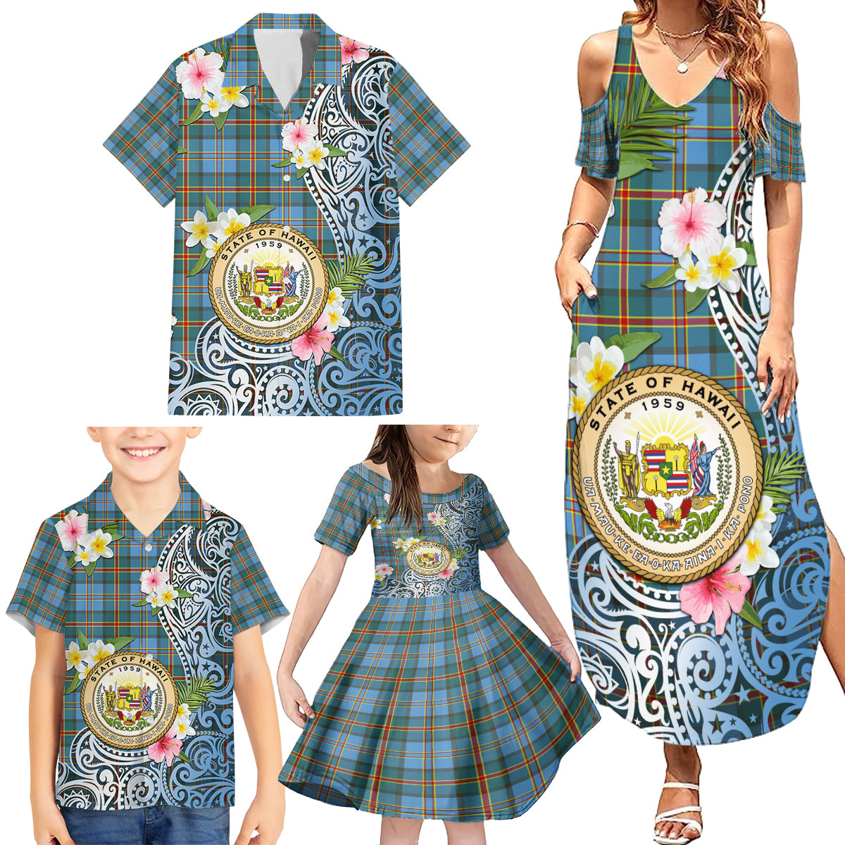 Personalised Hawaii State Family Matching Summer Maxi Dress and Hawaiian Shirt Tropical Flowers With Tartan Pattern LT05 - Polynesian Pride