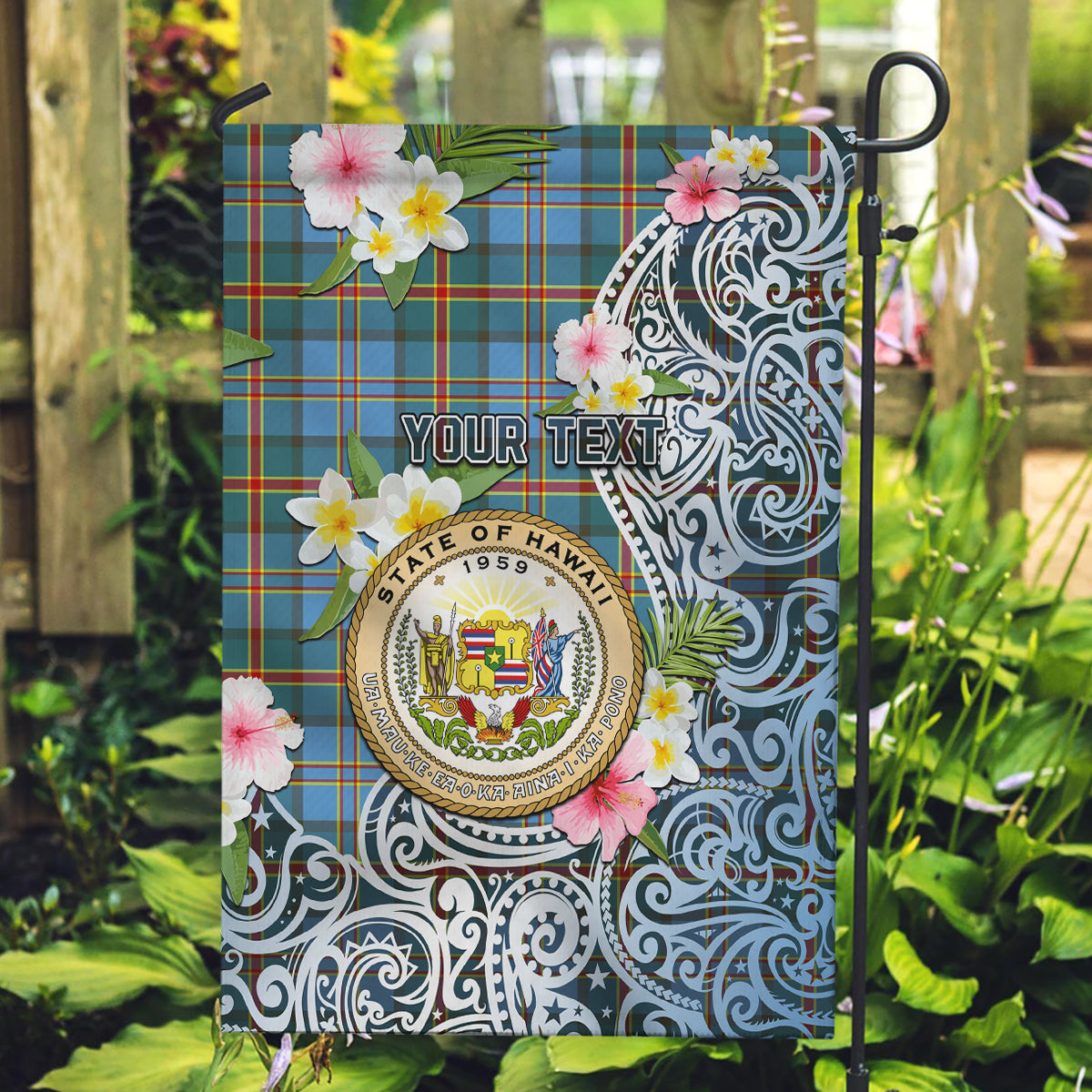 Hawaii State Garden Flag Tropical Flowers With Tartan Pattern LT05 Garden Flag Blue - Polynesian Pride