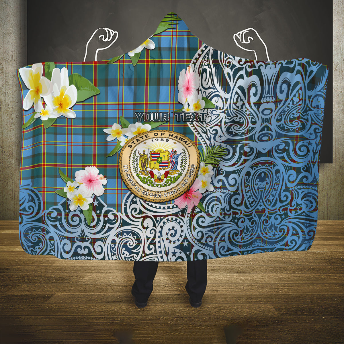 Hawaii State Hooded Blanket Tropical Flowers With Tartan Pattern LT05 One Size Blue - Polynesian Pride