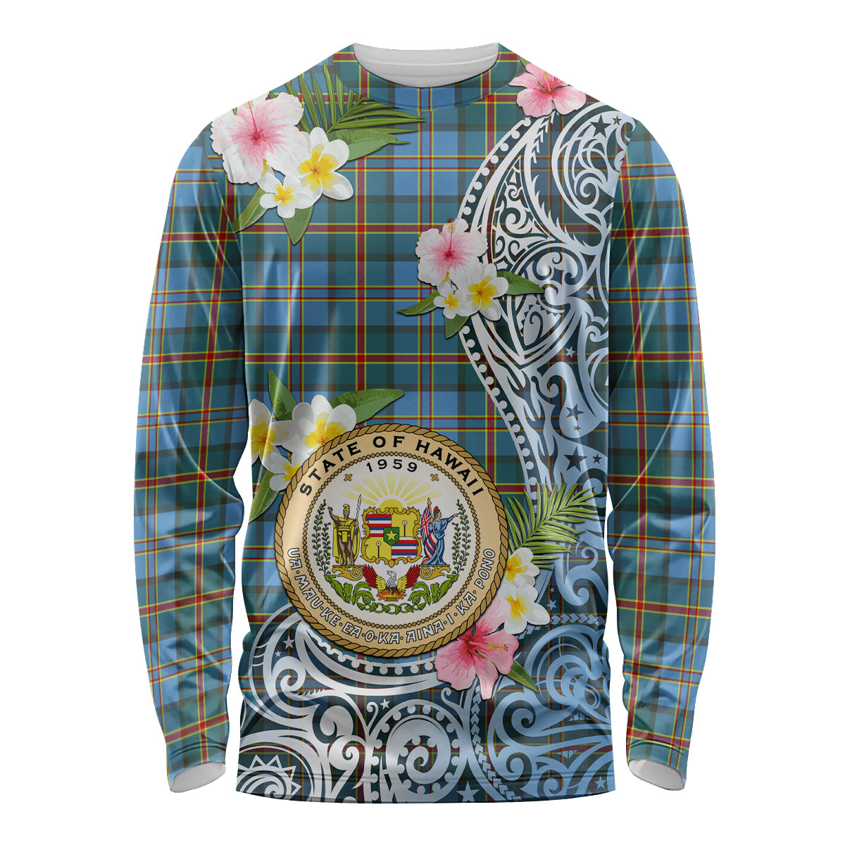 Personalised Hawaii State Long Sleeve Shirt Tropical Flowers With Tartan Pattern LT05 Unisex Blue - Polynesian Pride