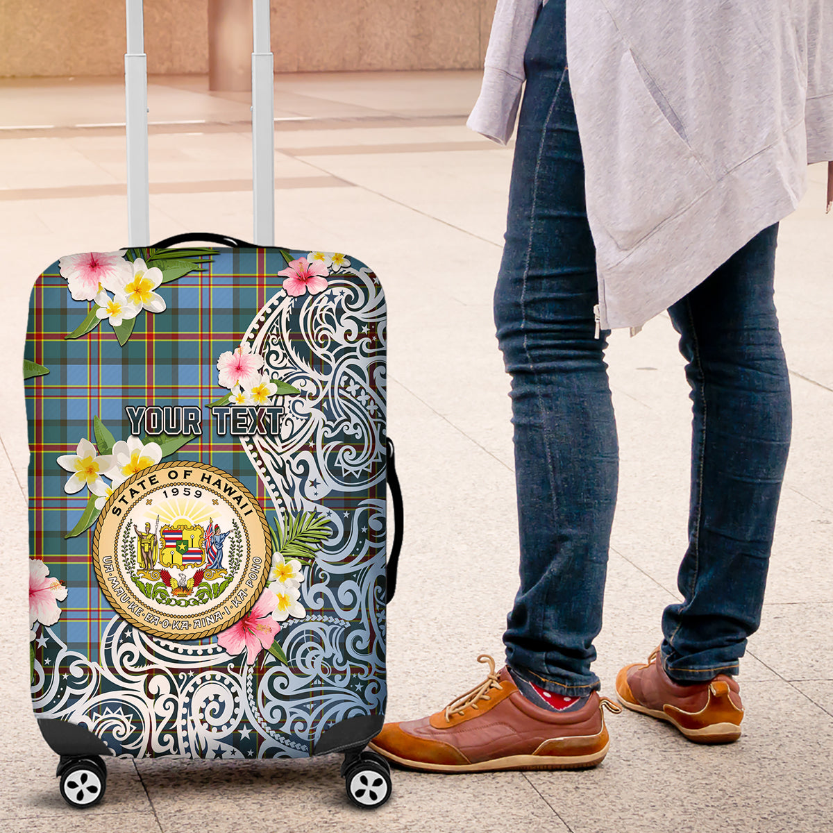 Hawaii State Luggage Cover Tropical Flowers With Tartan Pattern LT05 Blue - Polynesian Pride