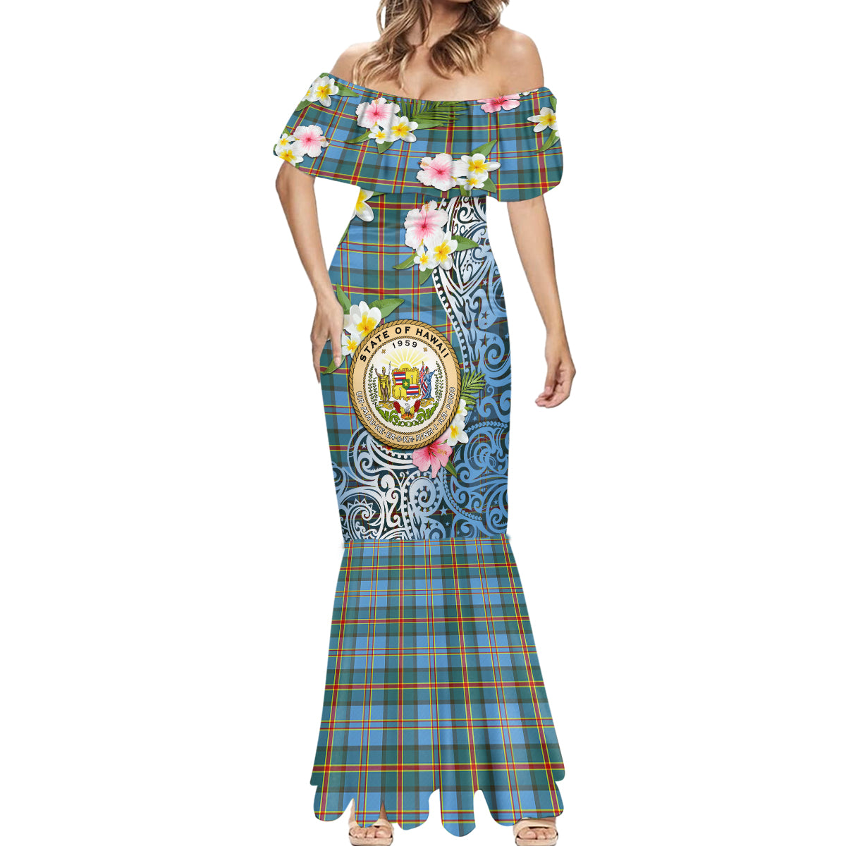Personalised Hawaii State Mermaid Dress Tropical Flowers With Tartan Pattern LT05 - Polynesian Pride