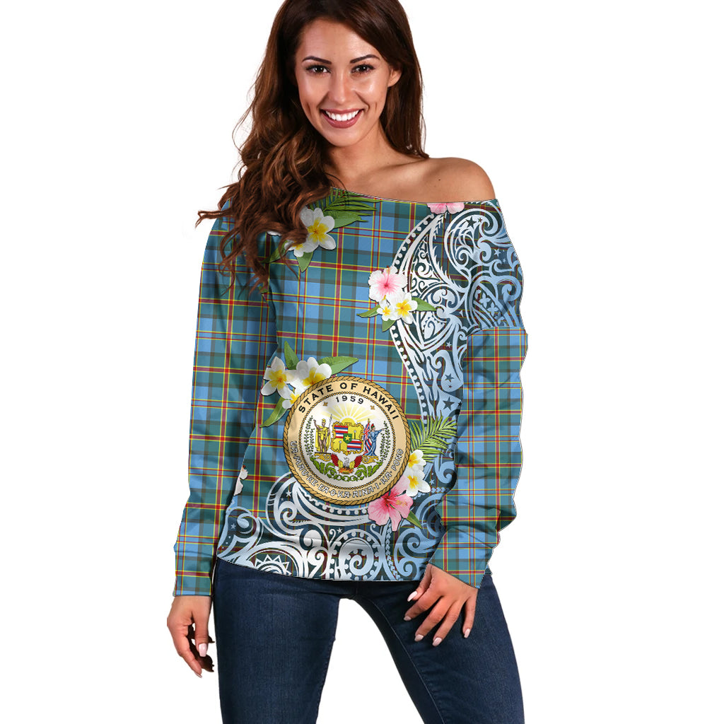 Personalised Hawaii State Off Shoulder Sweater Tropical Flowers With Tartan Pattern LT05 Women Blue - Polynesian Pride