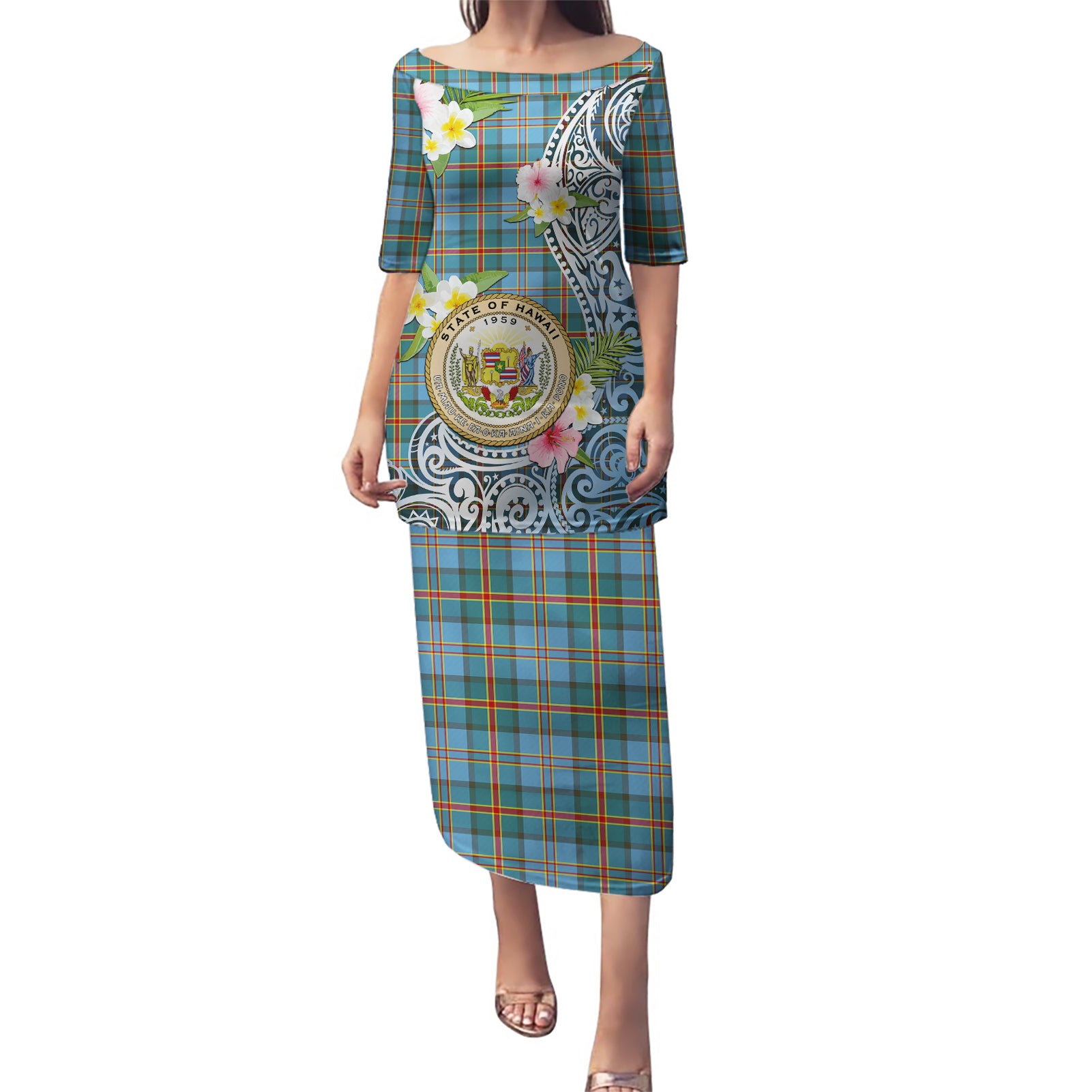 Personalised Hawaii State Puletasi Tropical Flowers With Tartan Pattern LT05 Long Dress Blue - Polynesian Pride