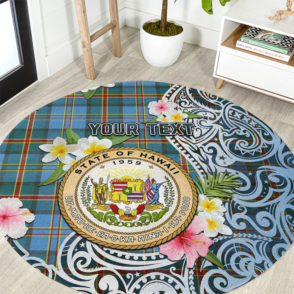 Hawaii State Round Carpet Tropical Flowers With Tartan Pattern LT05 Blue - Polynesian Pride