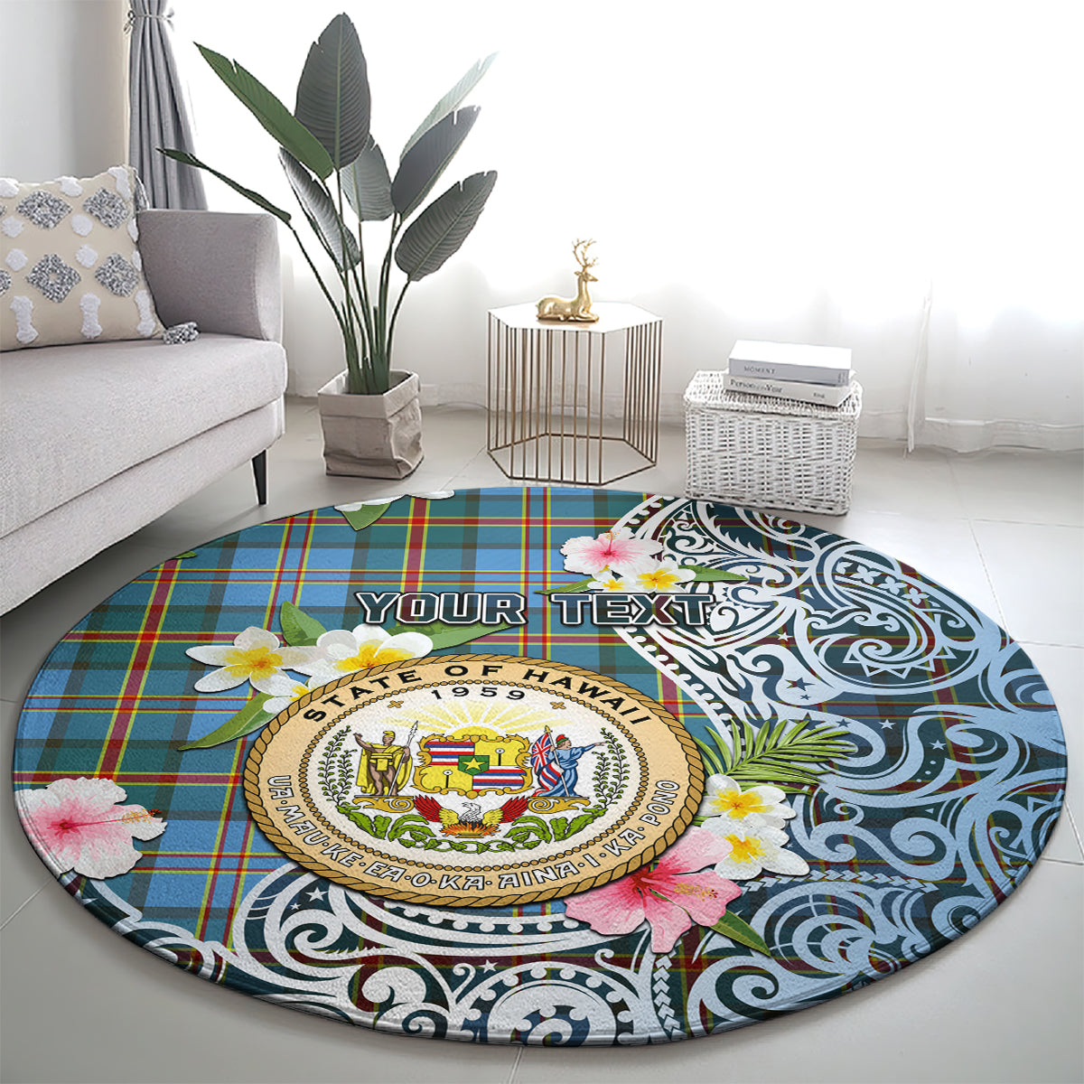 Hawaii State Round Carpet Tropical Flowers With Tartan Pattern LT05 - Polynesian Pride