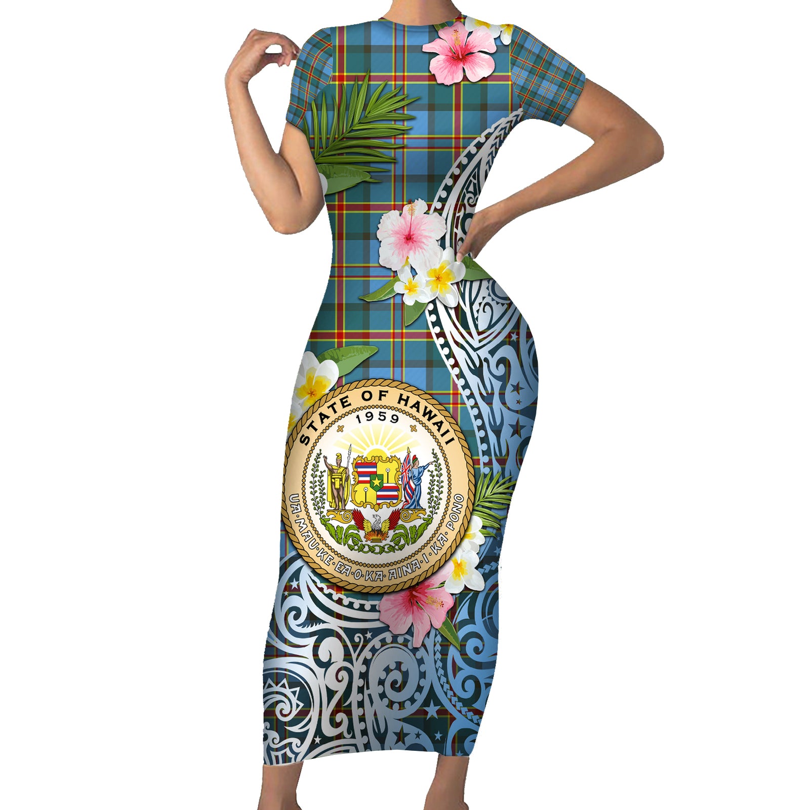 Personalised Hawaii State Short Sleeve Bodycon Dress Tropical Flowers With Tartan Pattern LT05 Long Dress Blue - Polynesian Pride
