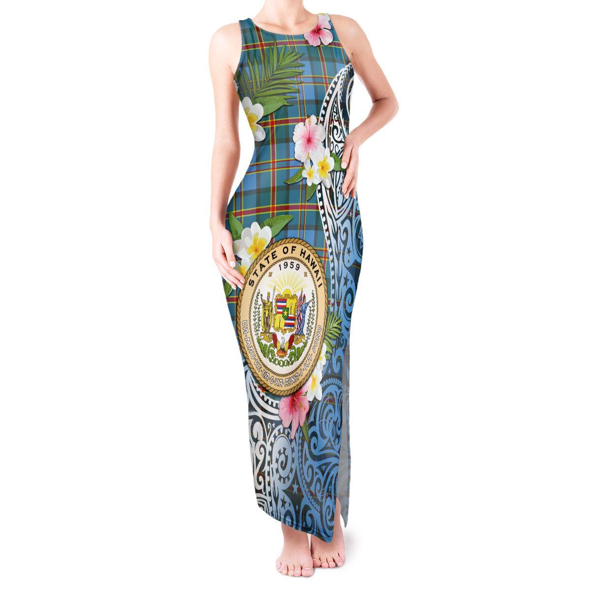 Personalised Hawaii State Tank Maxi Dress Tropical Flowers With Tartan Pattern LT05 Women Blue - Polynesian Pride