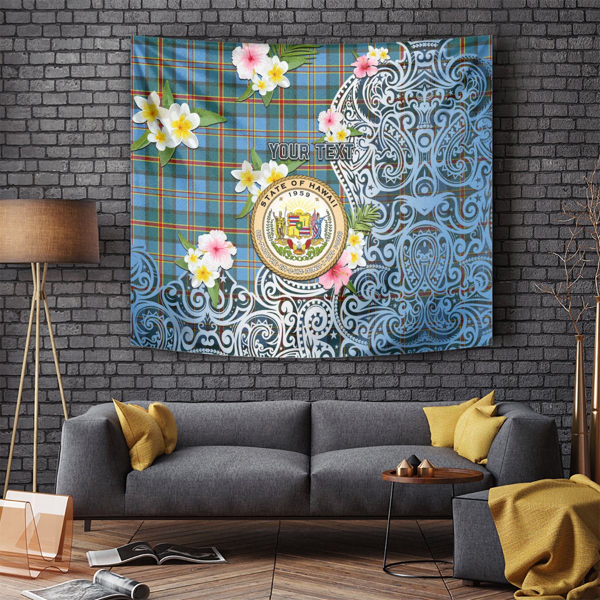 Hawaii State Tapestry Tropical Flowers With Tartan Pattern LT05 Blue - Polynesian Pride