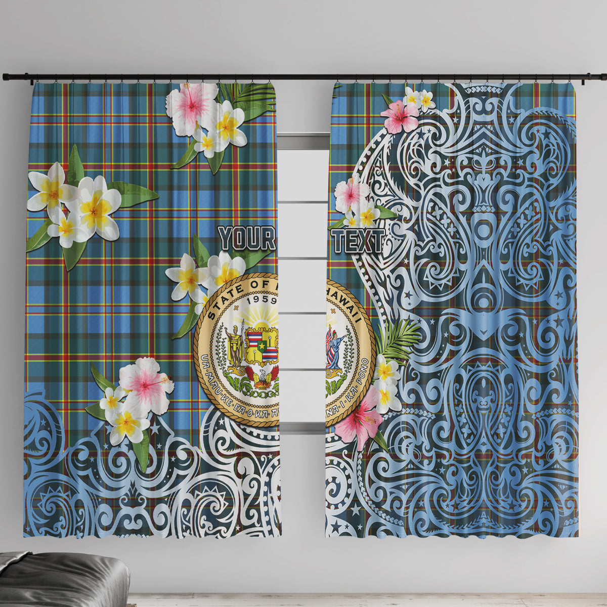 Hawaii State Window Curtain Tropical Flowers With Tartan Pattern LT05 With Hooks Blue - Polynesian Pride