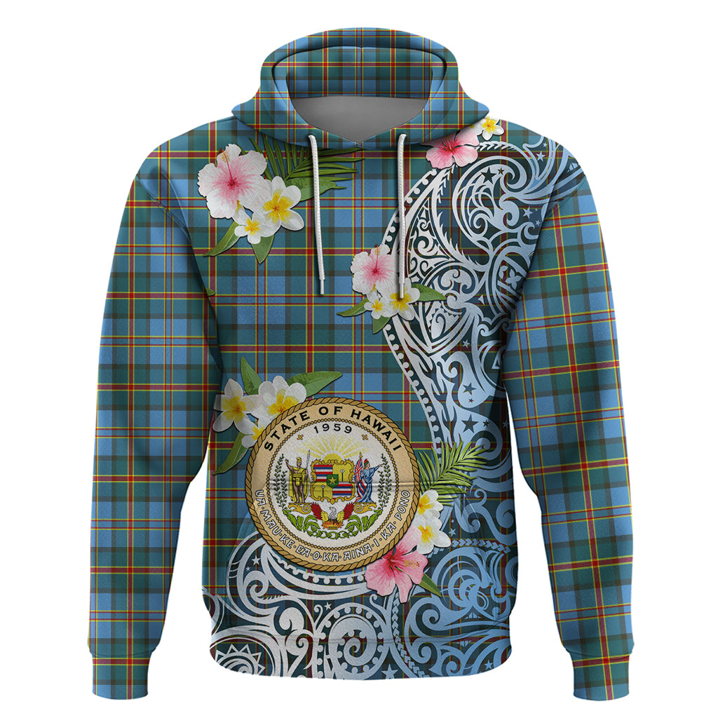 Personalised Hawaii State Zip Hoodie Tropical Flowers With Tartan Pattern LT05 Pullover Hoodie Blue - Polynesian Pride