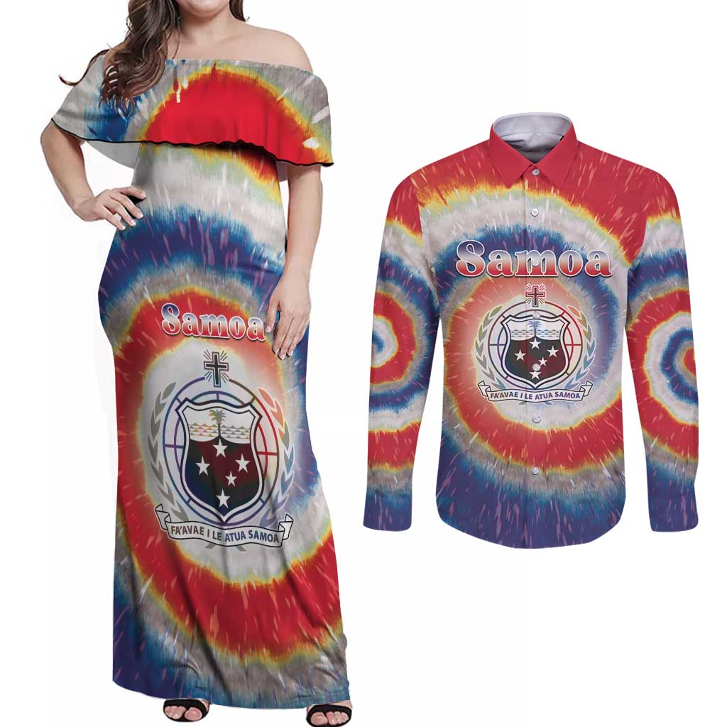 Samoa Couples Matching Off Shoulder Maxi Dress and Long Sleeve Button Shirt Tie Dye Unique Style LT05 Colorful - Polynesian Pride