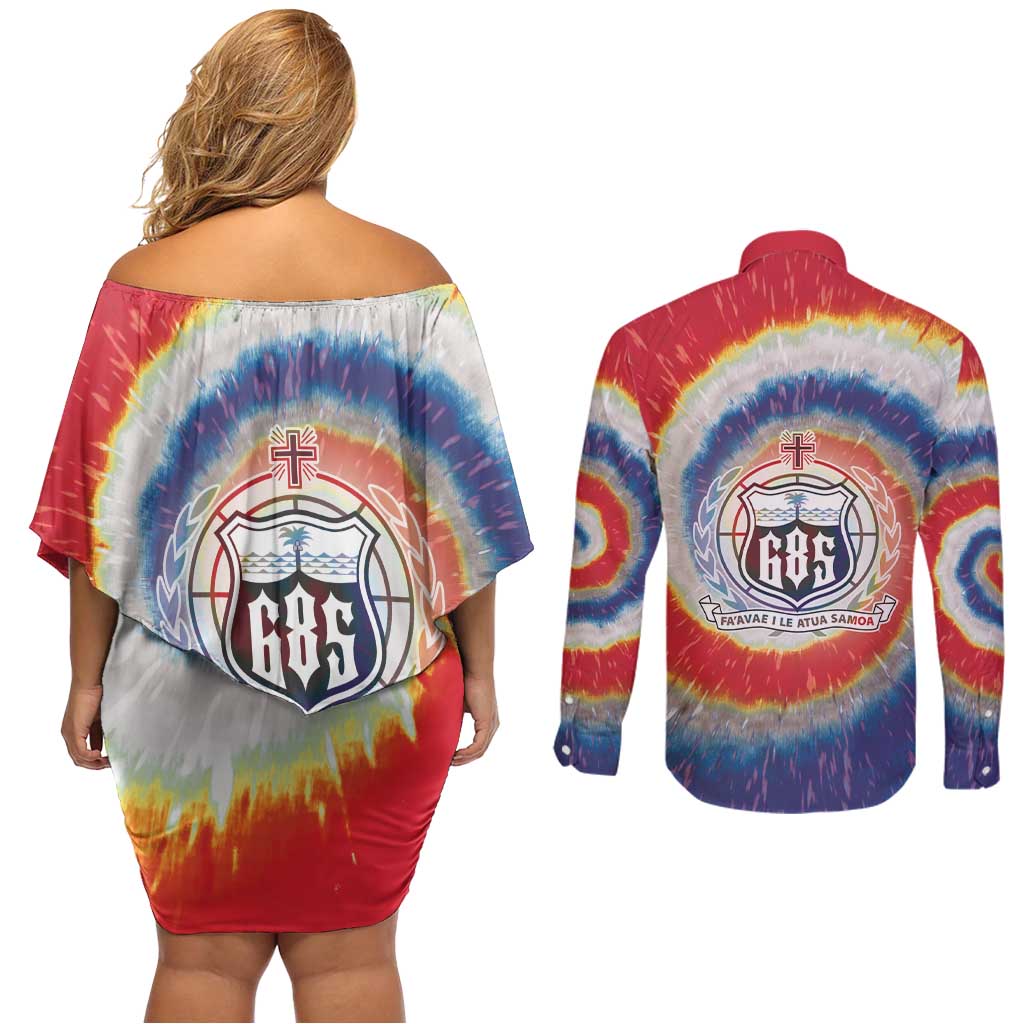 Samoa Couples Matching Off Shoulder Short Dress and Long Sleeve Button Shirt Tie Dye Unique Style LT05 - Polynesian Pride