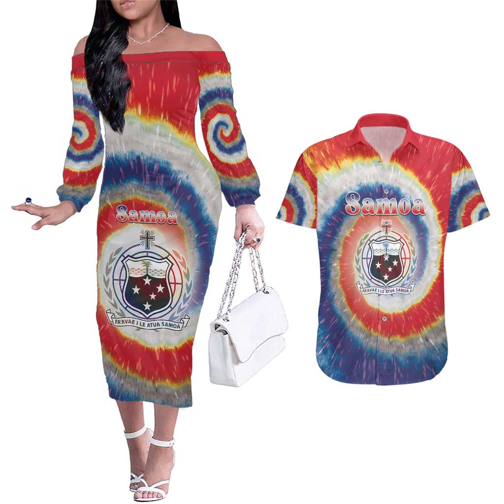 Samoa Couples Matching Off The Shoulder Long Sleeve Dress and Hawaiian Shirt Tie Dye Unique Style LT05 Colorful - Polynesian Pride